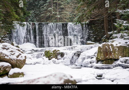 Wild Wasserfall, bekannt als Dziki Wodospad, in der wunderschönen Landschaft des Riesengebirges in Karpacz, Polen, fotografiert im Winter Stockfoto