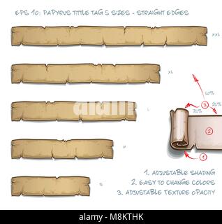 Vector Illustration eines Papyrus Tüttel Blättern Tag mit geraden Kanten. Satz von fünf Größen Klein Mittel Groß und zwei Extra Große. Alle Elemente ordentlich Stock Vektor