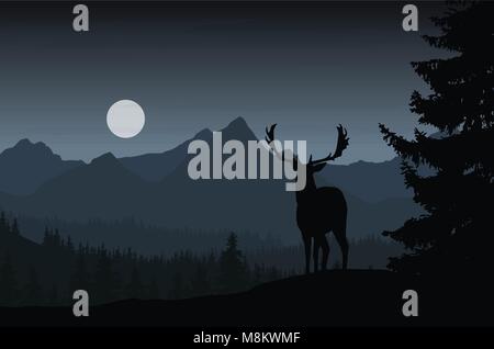 Hirsche in der Nacht Landschaft mit Wald und Bergen Unter dunklem Himmel mit Wolken und Mond-Vektor Stock Vektor