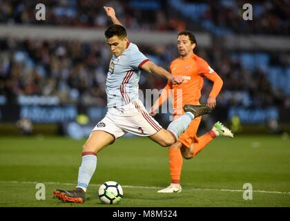 Viigo (Spanien). Spanisch ersten Liga Fußballspiel Celta de Vigo vs Malaga. Celta Maxi's Gomez läuft mit dem Ball im Celta Malaga Fußballspiel im Stadion in Vigo Balaidos vs, am 18. März 2018. Â© Rodriguez Alen Cordon drücken Sie Stockfoto