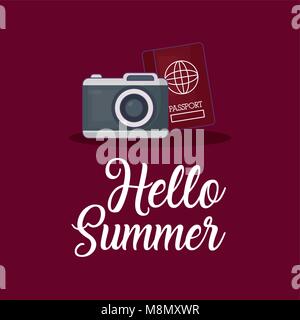 Hallo Sommer Design mit Fotoapparat und Pass über den roten Hintergrund, farbenfrohen Design Vector Illustration Stock Vektor