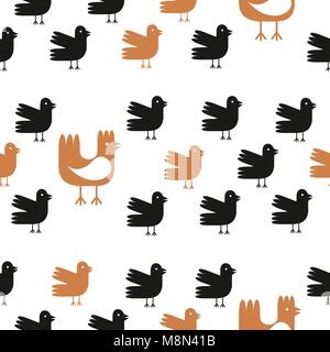 Lustige cartoon Vögel nahtlose Muster auf weißem Hintergrund. Vektor Henne und Huhn Abbildung. Cute Hintergrund. Stock Vektor