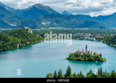 Der See von Bled aus Ojstrica, Obere Krain, Slowenien, Europa Stockfoto