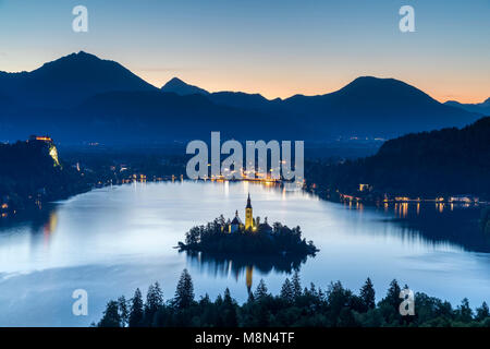 Der See von Bled aus Ojstrica, Obere Krain, Slowenien, Europa Stockfoto