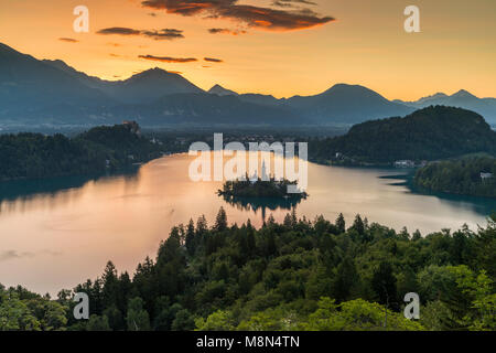 Der See von Bled aus Ojstrica, Obere Krain, Slowenien, Europa Stockfoto