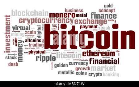 Bitcoin Wort cloud Konzept auf weißem Hintergrund, 3D-Rendering. Stockfoto