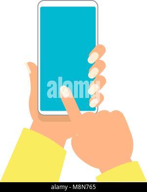 Die Hand von der Frau hält Smartphone und verweist auf den leeren Bildschirm für Objekt Vector Illustration hinzufügen Stock Vektor