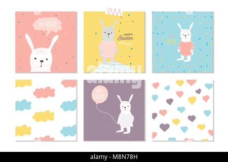 Sammlung von 6 Ostern Karte, Banner, Hintergründe, Vorlage mit schöner Frühling Blumen, Blätter, Herzen, Punkte und Kaninchen, Hase. Moderne Postkarte oder inv Stock Vektor