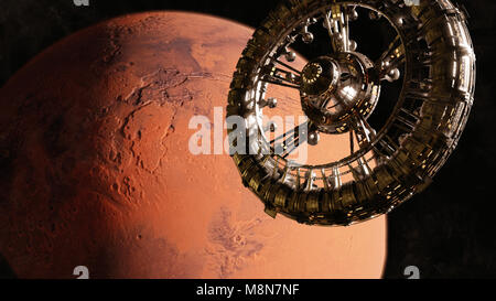 Riesige Raumstation in der Umlaufbahn des roten Planeten Mars (3d-science fiction Illustration, Elemente dieses Bild sind von der NASA ausgestattet) Stockfoto