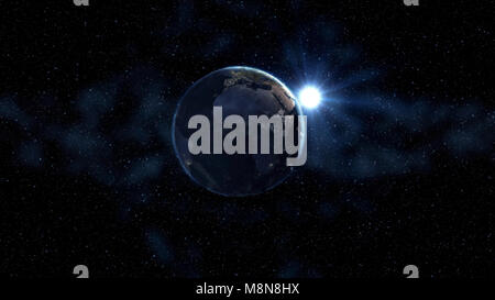 Sonnenaufgang Blick aus dem Weltall auf dem Planeten Erde. Südamerika Zone. Welt im schwarzen Universum in Sternen. Hoch detaillierte 3D-Render Animation. Realistische Welt Stockfoto