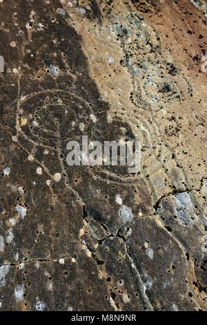 Schale und Ring mark Markiert Prähistorische Felszeichnungen aus der Jungsteinzeit auf natürliche Felsnase an Achnabreck in Kilmartin Valley, Argyll, Schottland, Großbritannien Stockfoto