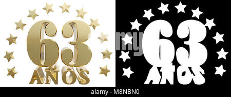Golden Ziffer 60 3 Und das Wort des Jahres, mit Sternen verziert. Aus dem Spanischen übersetzt. 3D-Darstellung Stockfoto