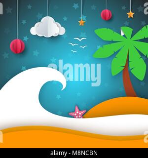 Insel Abbildung. Cartoon Papier Landschaft. Stock Vektor