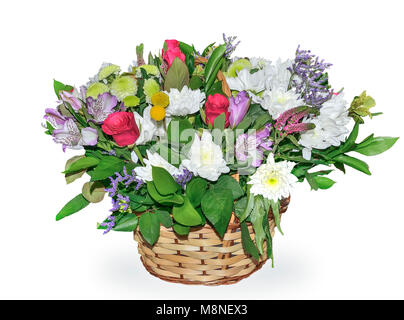 Festlich bunten Strauß Arrangement aus verschiedenen Blumen: Rosen, weissen und gelben Chrysanthemen, Lila alstroemeria Close up in wicker Baske Stockfoto