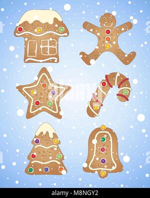 Ein Vektor Abbildung im EPS 10 Format von Lebkuchen Formen in einem saisonalen Thema auf eine blau-weiße Schneeflocke Hintergrund eingerichtet Stock Vektor