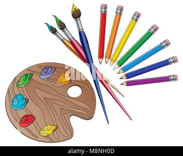 Ein Vektor Abbildung im EPS 10 Format der Kunst Materialien mit Bürsten Bleistifte und eine Palette mit Farben auf weißem Hintergrund Stock Vektor