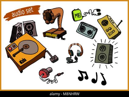 Audio Symbol einstellen, einschließlich gramaphone, Radio, CD-Player, Ohrstöpsel, Media Player und andere Accessoires Stock Vektor