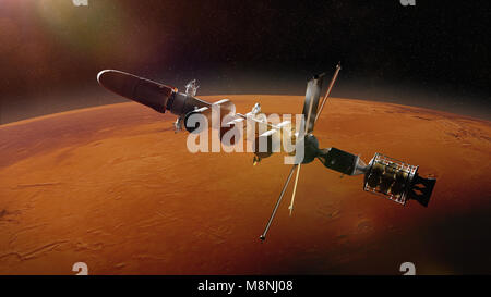 Futuristisches Raumschiff in der Umlaufbahn des Planeten Mars Mission zum Roten Planeten (3d-science fiction Illustration, Elemente dieses Bild werden durch eingerichtet Stockfoto