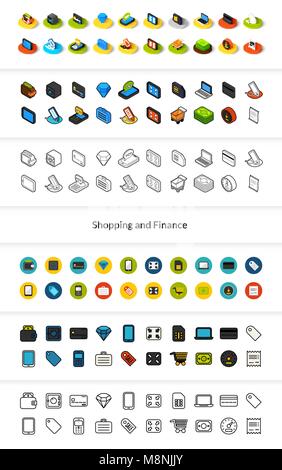 Set von Icons in verschiedenen Stil - isometrische flach und Otline, farbige und schwarze Versionen Stock Vektor