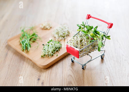 Micro Grüns in Warenkorb auf Holz- Hintergrund. Verschiedene Arten von microgreens zum Verkauf. Gesunde Ernährung Konzept der frischen Garten produzieren biologisch angebaut, Symbol der Gesundheit. Vitamine aus der Natur. Stockfoto