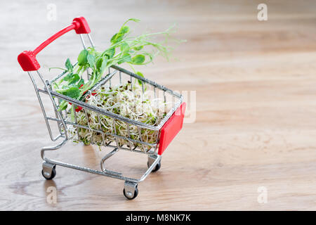 Micro Grüns in Warenkorb auf Holz- Hintergrund. Verschiedene Arten von microgreens zum Verkauf. Gesunde Ernährung Konzept der frischen Garten produzieren biologisch angebaut, Symbol der Gesundheit. Vitamine aus der Natur. Stockfoto