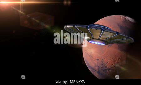UFO in der Umlaufbahn des roten Planeten Mars (3D-Rendering mit schwarzem Hintergrund, Elemente von diesem Bild sind von der NASA ausgestattet) Stockfoto
