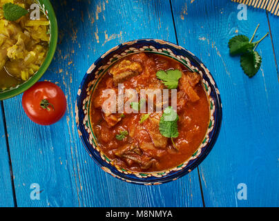 Indische Küche. Naat yakkhn - Kaschmir Joghurt Lamm Curry, Traditionelle sortierten Indien Gerichte, Ansicht von oben. Stockfoto