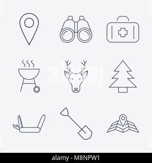 Satz von Umriss streichen Camping Symbole auf dem weißen Hintergrund. Vector Illustration Stock Vektor