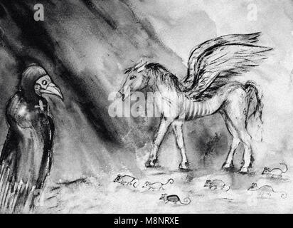 Zeichnung der fahlen Pferd der Apokalypse in Schwarz und Weiß. Die Tupfen Technik in der Nähe der Kanten gibt einen Weichzeichner Effekt aufgrund der veränderten Oberfläche Stockfoto