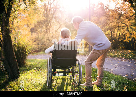 Älterer Mann und Frau im Rollstuhl im Herbst Natur. Stockfoto