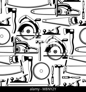 Nahtlose Muster mit Ausrüstung und Werkzeuge für die Forstwirtschaft und Holzindustrie Stock Vektor