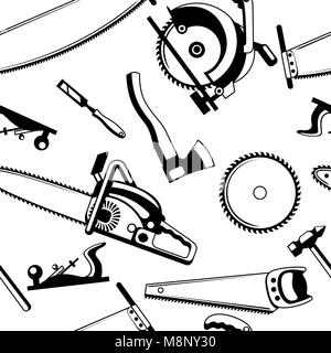 Nahtlose Muster mit Ausrüstung und Werkzeuge für die Forstwirtschaft und Holzindustrie Stock Vektor