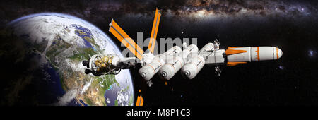 Futuristisches Raumschiff in der Umlaufbahn des Planeten Erde, Planetaren Mission starten (3d-science fiction Abbildung: Banner, Elemente dieses Bild eingerichtet Stockfoto