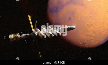 Futuristisches Raumschiff in der Umlaufbahn des Planeten Mars Mission zum Roten Planeten (3d-science fiction rendern, Elemente dieses Bild sind von der NASA ausgestattet) Stockfoto