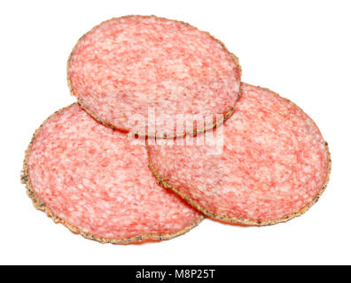 Italienische Salami saugage auf weißem Hintergrund Stockfoto