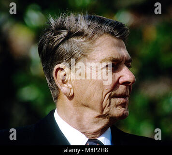 Washington, DC. USA, 16. November, 1982 Präsident Ronald Reagan Erläuterungen auf der offiziellen staatlichen Begrüßungszeremonie liefert für Bundeskanzler Helmut Kolh. Auf der South Lawn des Weißen Hauses. Credit: Mark Reinstein/MediaPunch Stockfoto