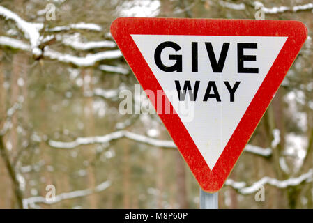 Geben weg Schild mit schwarzer Schrift auf weißem, rot Warndreieck mit schneebedeckten Wäldern unscharf im Hintergrund. Stockfoto