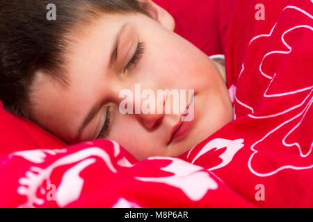 Der kranke Junge schläft im Bett. Die grippesaison. Grippeepidemie in der Tschechischen Republik. Der Kopf eines kranken Jungen in roten Bettdecken. Stockfoto