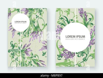 Lavendel Blumenmuster Cover Design. Hand kreative Blume gezeichnet. Elegante trendige künstlerischen Hintergrund Blume grün Branche. Grafische Darstellung wir Stock Vektor