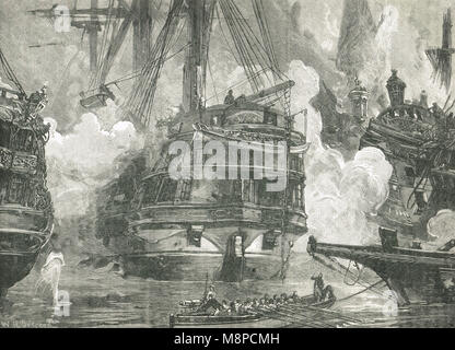 Schlacht von Navarino, 20. Oktober 1827, HMS Asien, Flaggschiff der Edward Codrington, einnehmende Flaggschiff osmanischer Admiral Capitan ist Bey, Fahti Bahri und ägyptischen Moharram Bey der Fregatte Guerrière Stockfoto