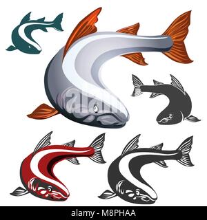 Satz von Lachs Fisch Emblem auf weißem Hintergrund. Vector Illustration. Stock Vektor