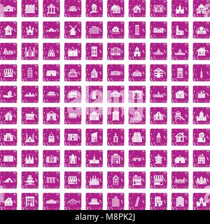 100 Gebäude Icons Set grunge Rosa Stock Vektor