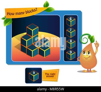 Lernspiel für Kinder, Puzzle. Entwicklung des räumlichen Denkens bei Kindern (geeignet sowohl für Kinder und Erwachsene). Aufgabe Spiel Wie viele Blöcke? Stock Vektor