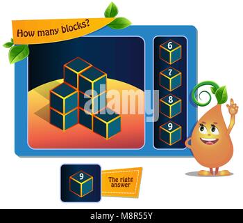 Lernspiel für Kinder, Puzzle. Entwicklung des räumlichen Denkens bei Kindern (geeignet sowohl für Kinder und Erwachsene). Aufgabe Spiel Wie viele Blöcke? Stock Vektor