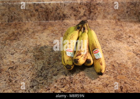 London, Ontario, Kanada, 19. März 2018: Redaktionelle Illustration Foto von Reifen Del Monte Bananen in einem Obstkorb auf Soft Focus. Del Monte ist eine der größten Obst- Unternehmen der Welt aus Kalifornien USA Stockfoto