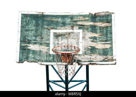 Backboard Basketball alt und morsch. Es kann aber auch verwendet werden. weil Hoop und Netz bleibt. Auf weissem Hintergrund. Stockfoto