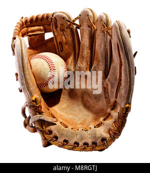 Vintage classic Leder baseball Handschuh aus der Palme Seite mit der Kugel in es in Nahaufnahme auf weißem Hintergrund Stockfoto