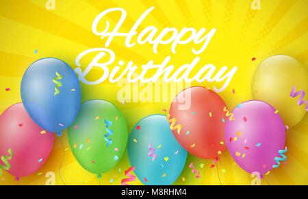 Mehrfarbige festliche Ballons auf eine Karikatur gelber Hintergrund mit Rasterung und Strahlen. Inschrift "Happy Birthday". Explosion von Konfetti. Grußkarte. Stock Vektor