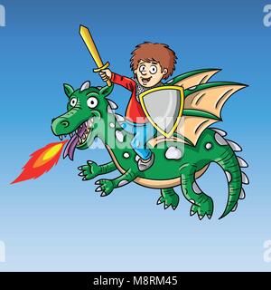 Lustige Vector Illustration des Kindes wie ein Ritter auf einem fliegenden Drachen. Stock Vektor