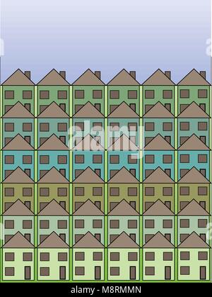 Blue, Green und Aqua Reihen von kleinen Häusern auf einer grünen und blauen Farbverlauf Hintergrund mit Platz für Text. Stock Vektor